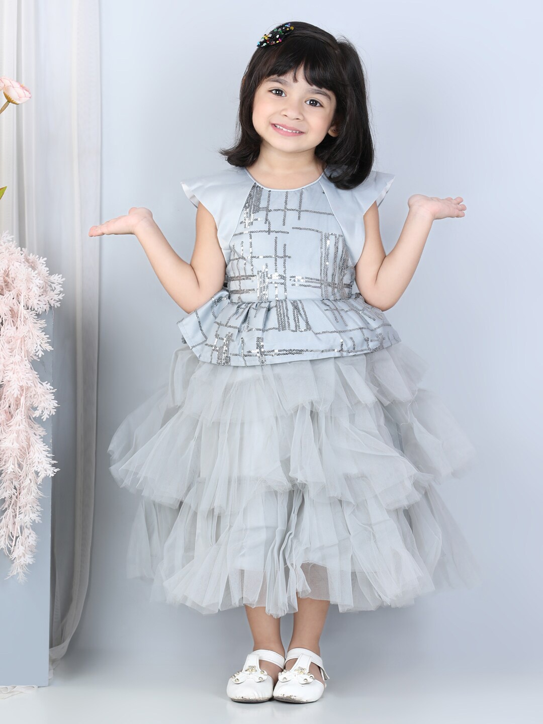 

WhiteHenz CLOTHING Girls Cap Sleeves Layered Sequinned Fit & Flare Midi Dress, Grey