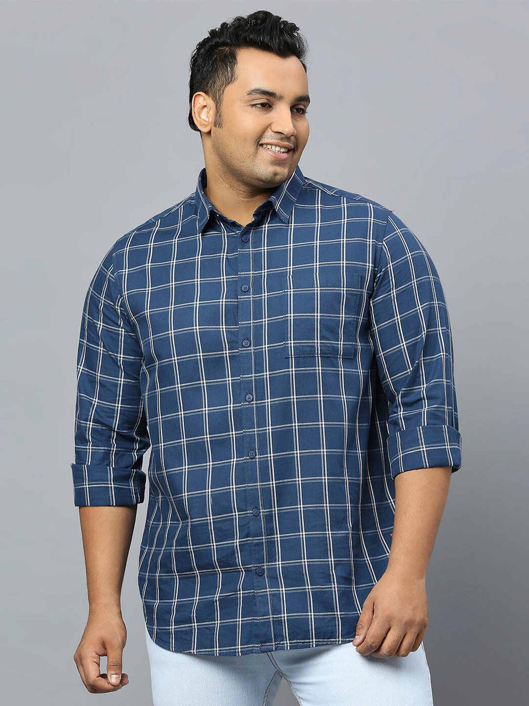 

Sztori Plus Size Classic Checked Casual Pure Cotton Shirt, Navy blue