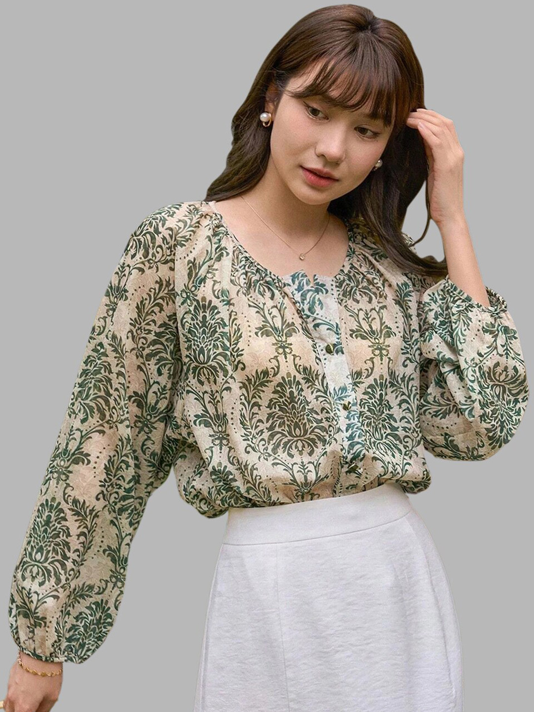 

Selvia Ethnic Motifs Printed Puff Sleeves Top, Beige