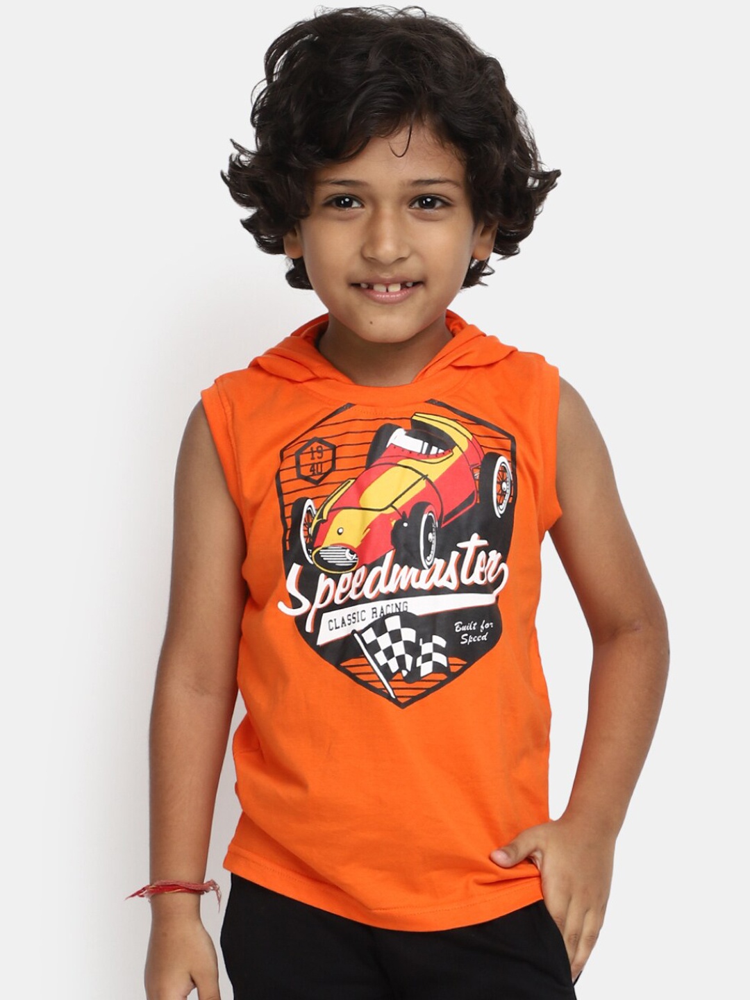 

V-Mart Boys Graphic Printed Hooded Sleeveless Cotton Tshirt, Orange