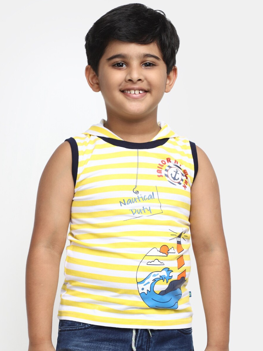 

V-Mart Boys Striped Hooded Sleeveless Cotton Tshirt, Yellow