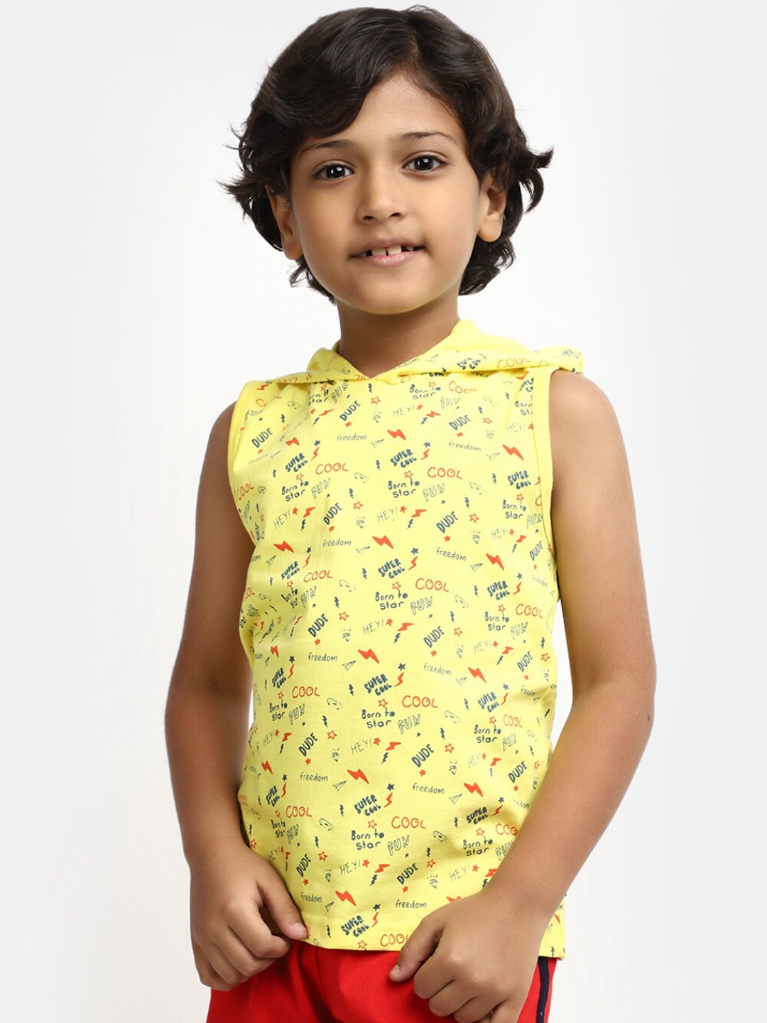 

V-Mart Boys Typography Printed Hooded Sleeveless Cotton Tshirt, Yellow