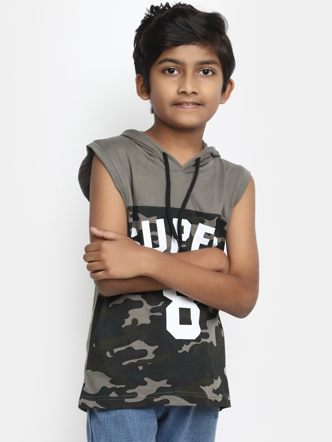 

V-Mart Boys Typography Printed Hooded Sleeveless Cotton Tshirt, Grey