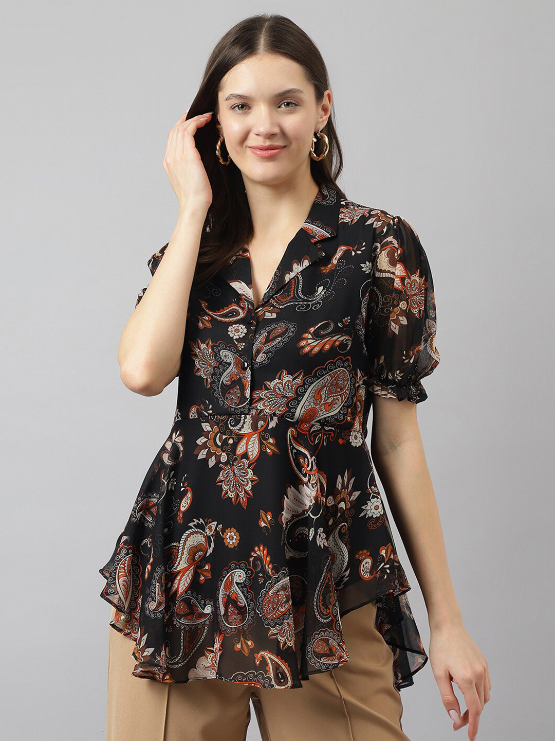 

KERI PERRY Floral Printed Puff Sleeves Top, Black