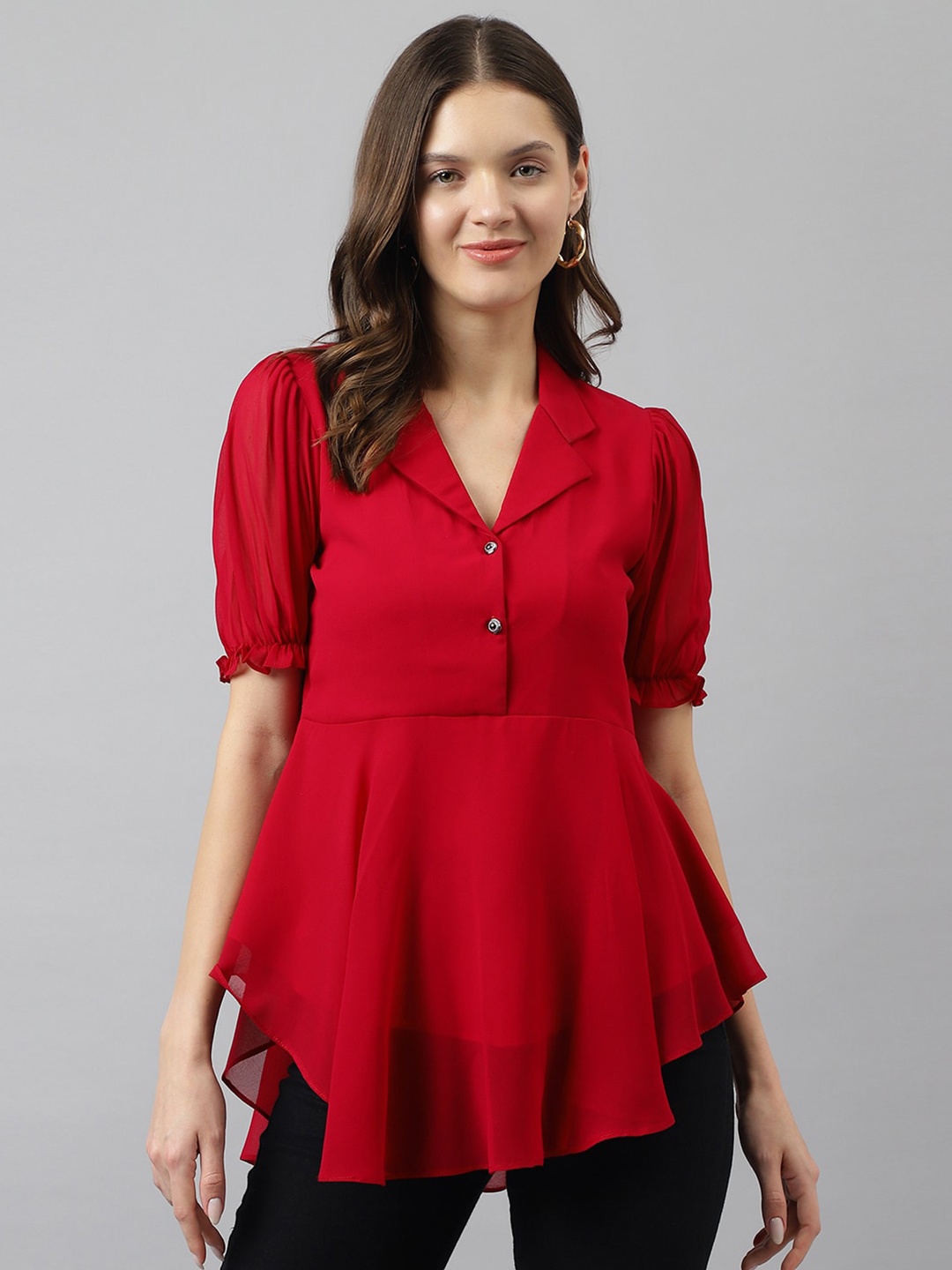 

KERI PERRY Lapel Collar Puff Sleeves High-Low Top, Red