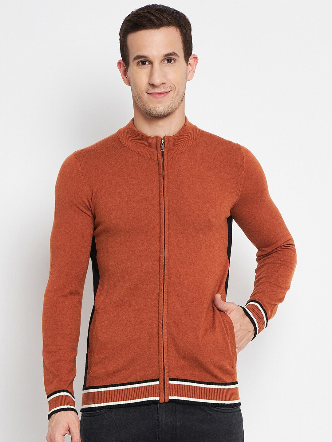 

CAMLA Mock Collar Front Open Sweater, Rust