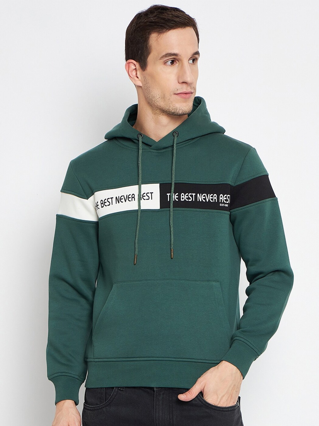 

CAMLA Typography Print Hooded Cotton Pullover Sweatshirt, Green