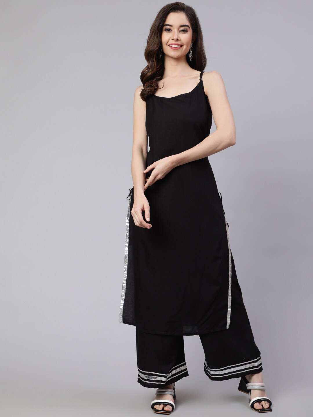 

SAK JAIPUR Shoulder Straps Gotta Patti Regular Kurta with Palazzos, Black