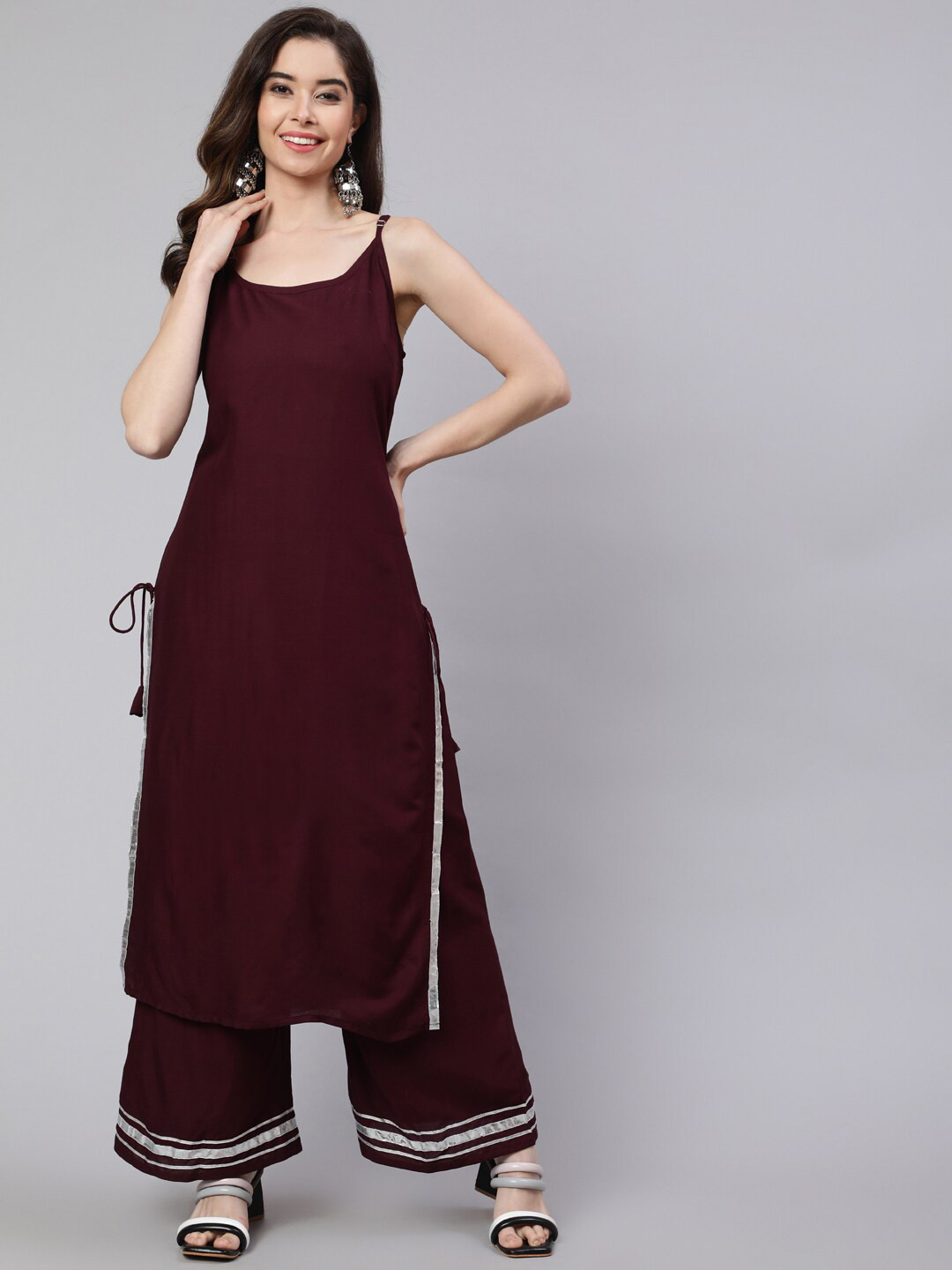 

SAK JAIPUR Shoulder Straps Gotta Patti Regular Kurta with Palazzos, Maroon