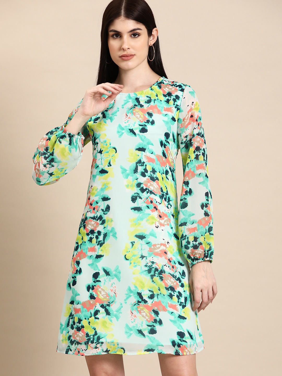 

DENNISON Print Puff Sleeves Georgette Sheath Dress, Green