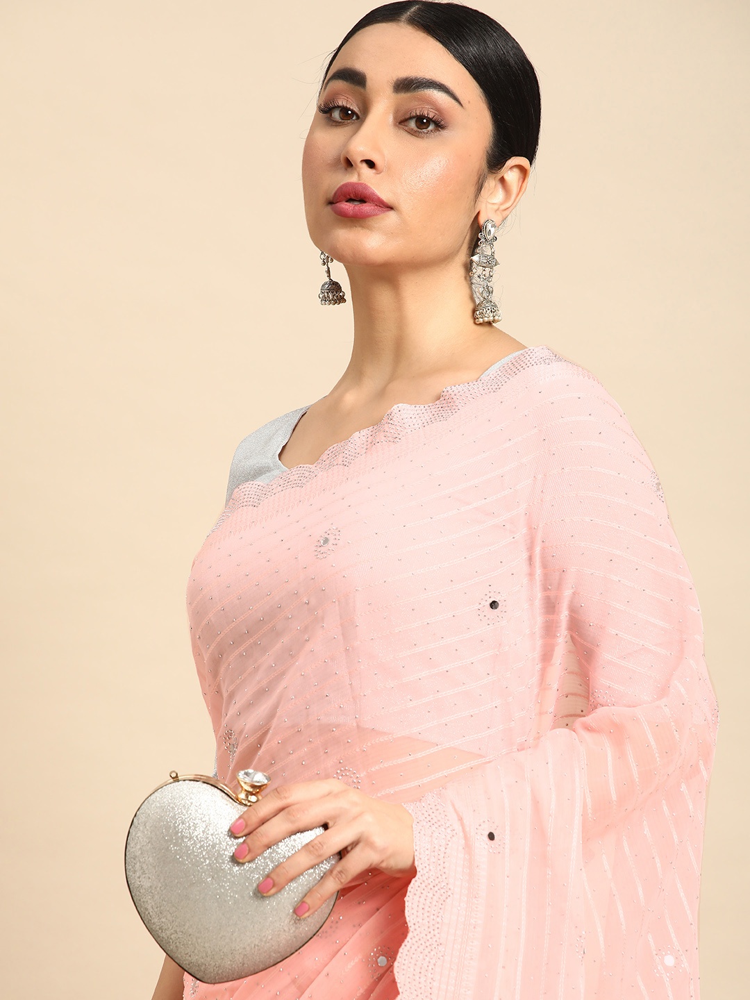

Mitera Embellished Stones-Studded Pure Georgette Saree, Rose gold