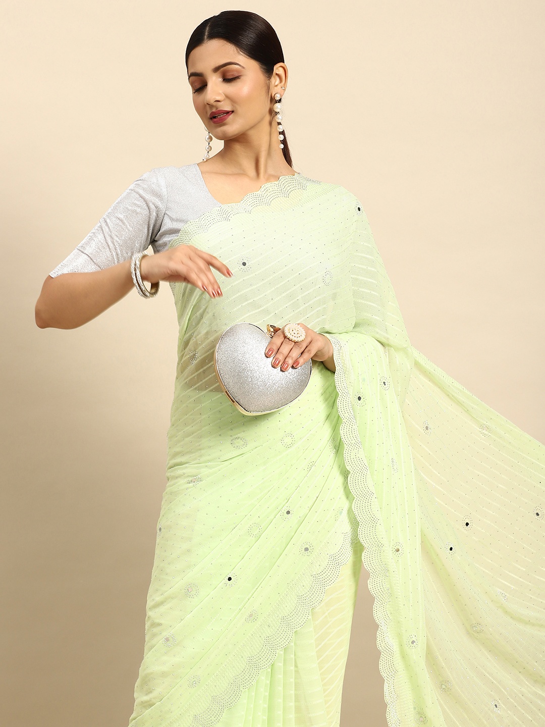 

Mitera Embellished Stones-Studded Pure Georgette Saree, Green