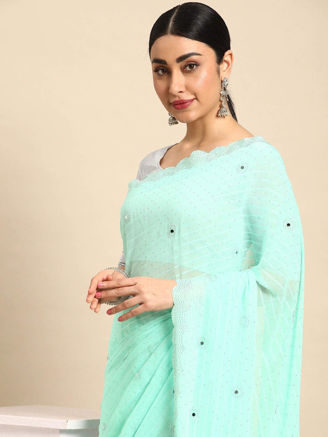 

Mitera Embellished Stones-Studded Pure Georgette Saree, Turquoise blue