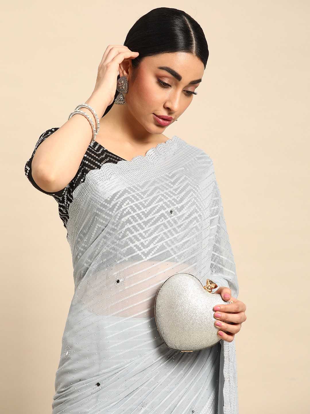 

Mitera Embellished Stones-Studded Pure Georgette Saree, Grey