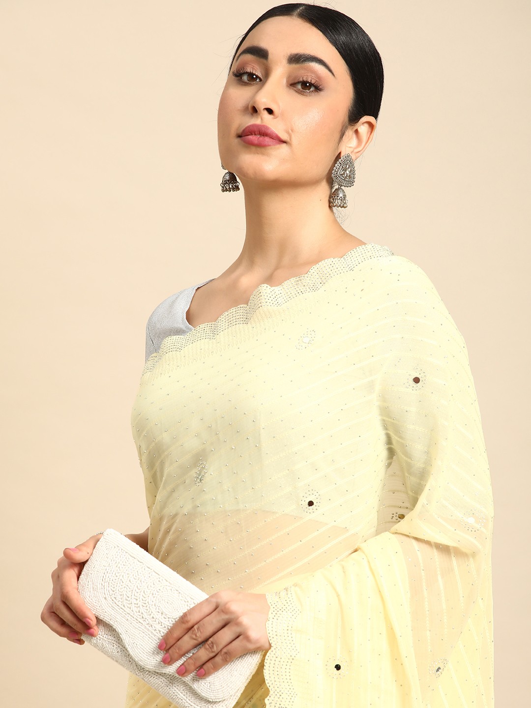 

Mitera Embellished Stones-Studded Pure Georgette Saree, Yellow