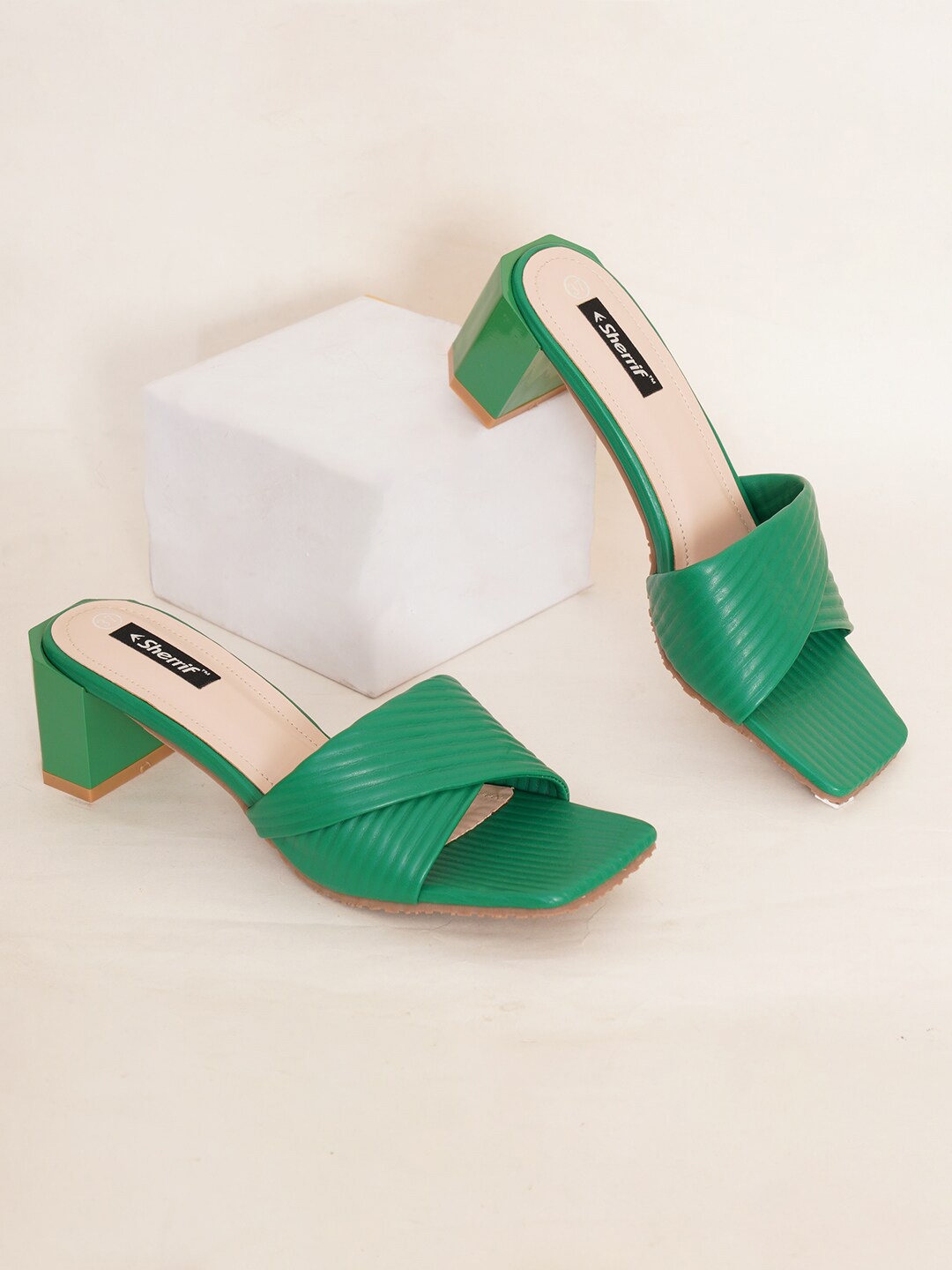 

Sherrif Shoes Textured Block Heels, Green