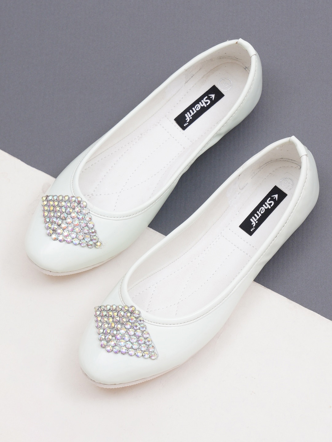 

Sherrif Shoes Embellished Square Toe Slip-On Ballerinas, White