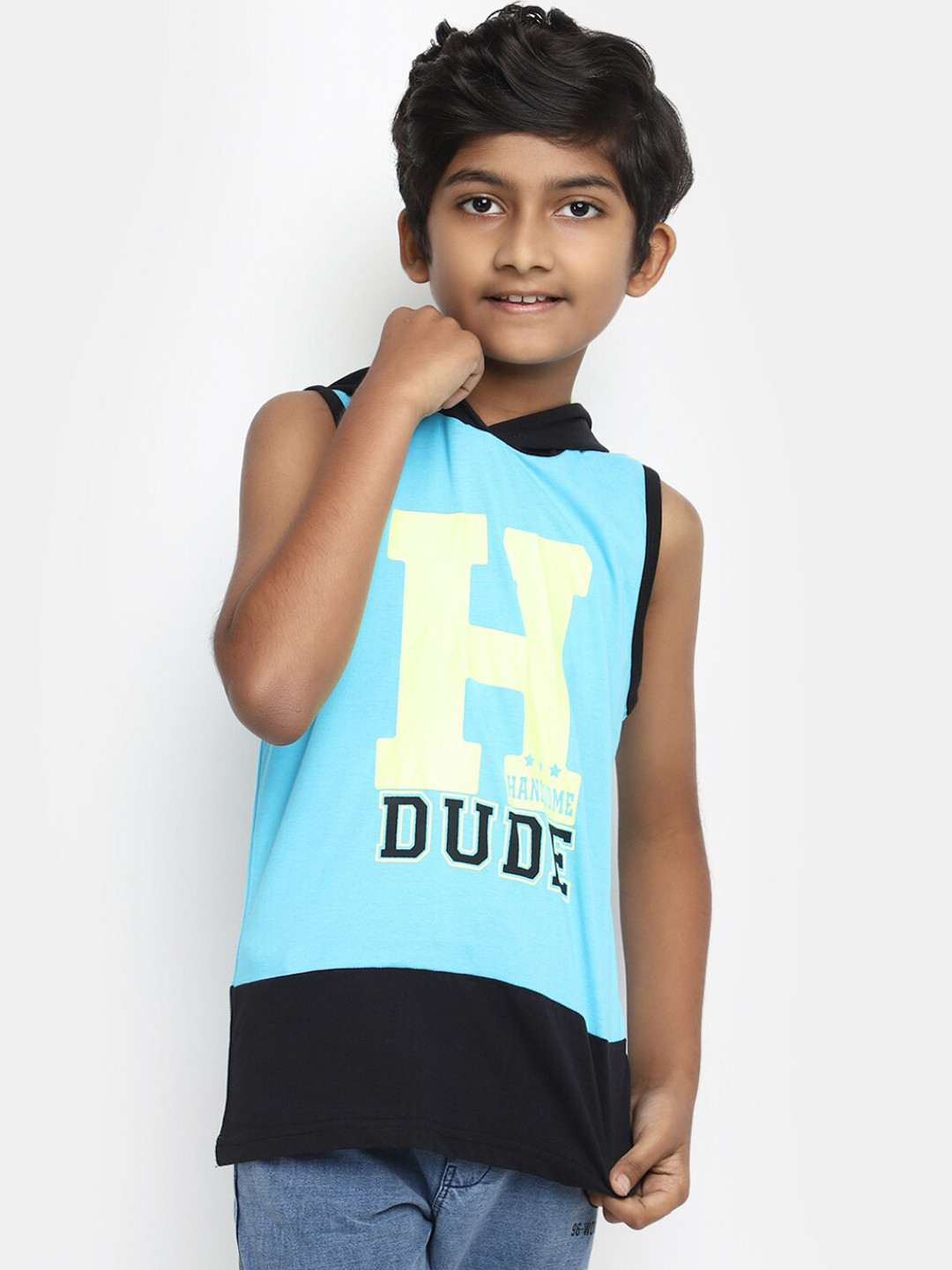 

V-Mart Boys Graphic Printed Hooded Sleeveless Cotton T-shirt, Blue