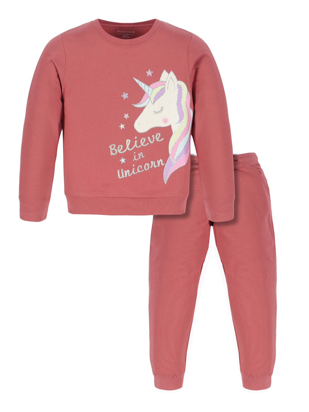 

PLUM TREE Girls Unicorn Printed Pure Cotton T-shirt with Joggers, Rust