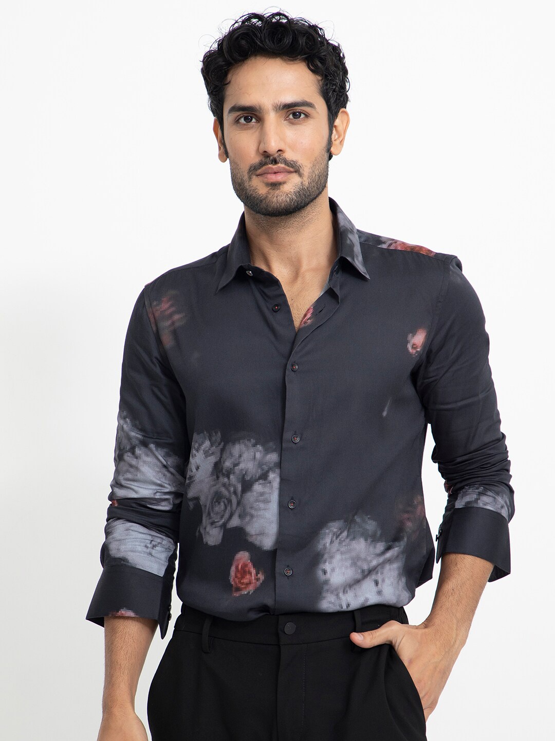 

RARE RABBIT Men Tulson Floral Printed Slim Fit Cotton Shirt, Black