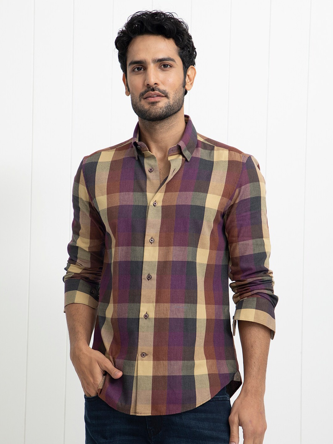 

RARE RABBIT Men Gulf Buffalo Checked Slim Fit Cotton Shirt, Purple