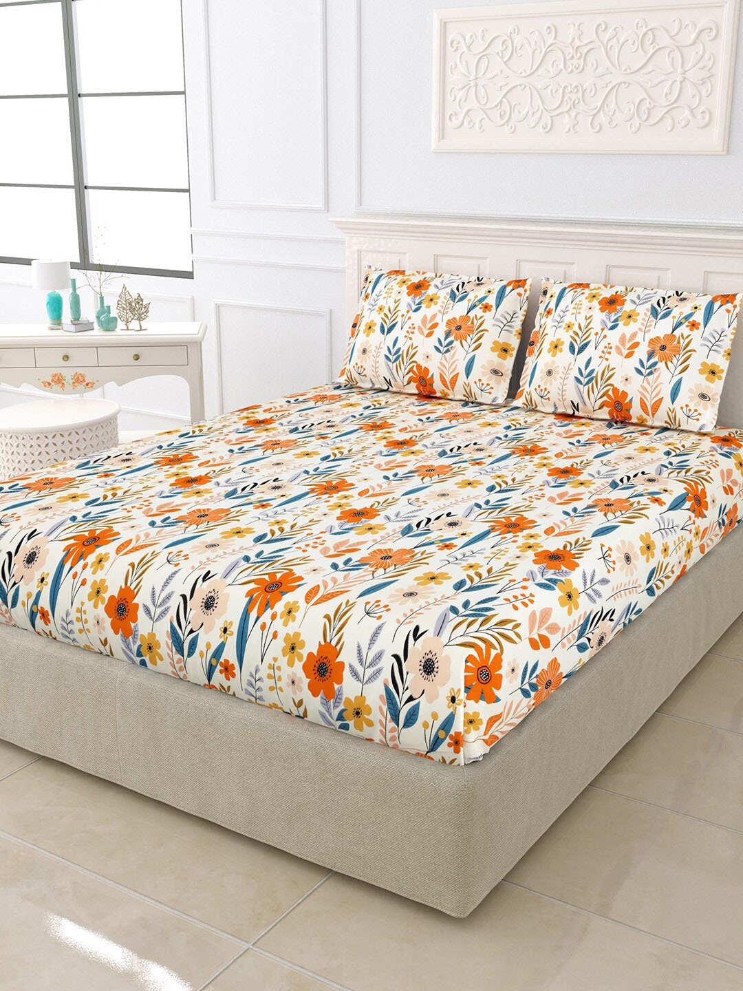 

JAIPUR FABRIC White & Orange Floral Cotton 250 TC King Bedsheet With 2 Pillow Covers