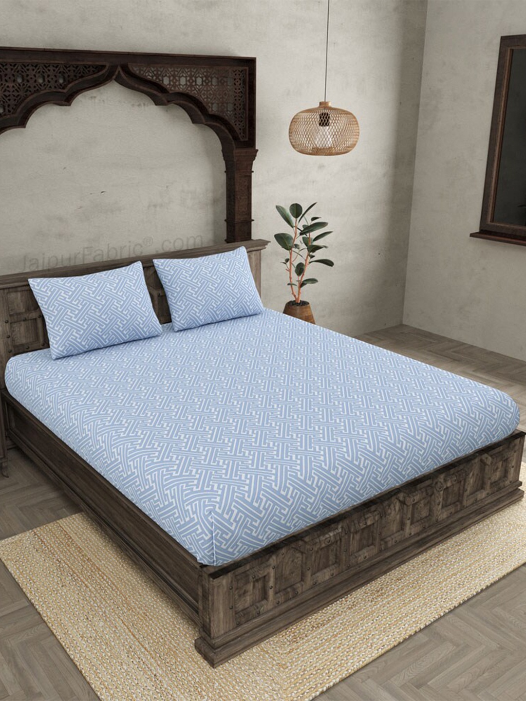 

JAIPUR FABRIC Blue & White Geometric 250 TC Cotton King Bedsheet with 2 Pillow Covers