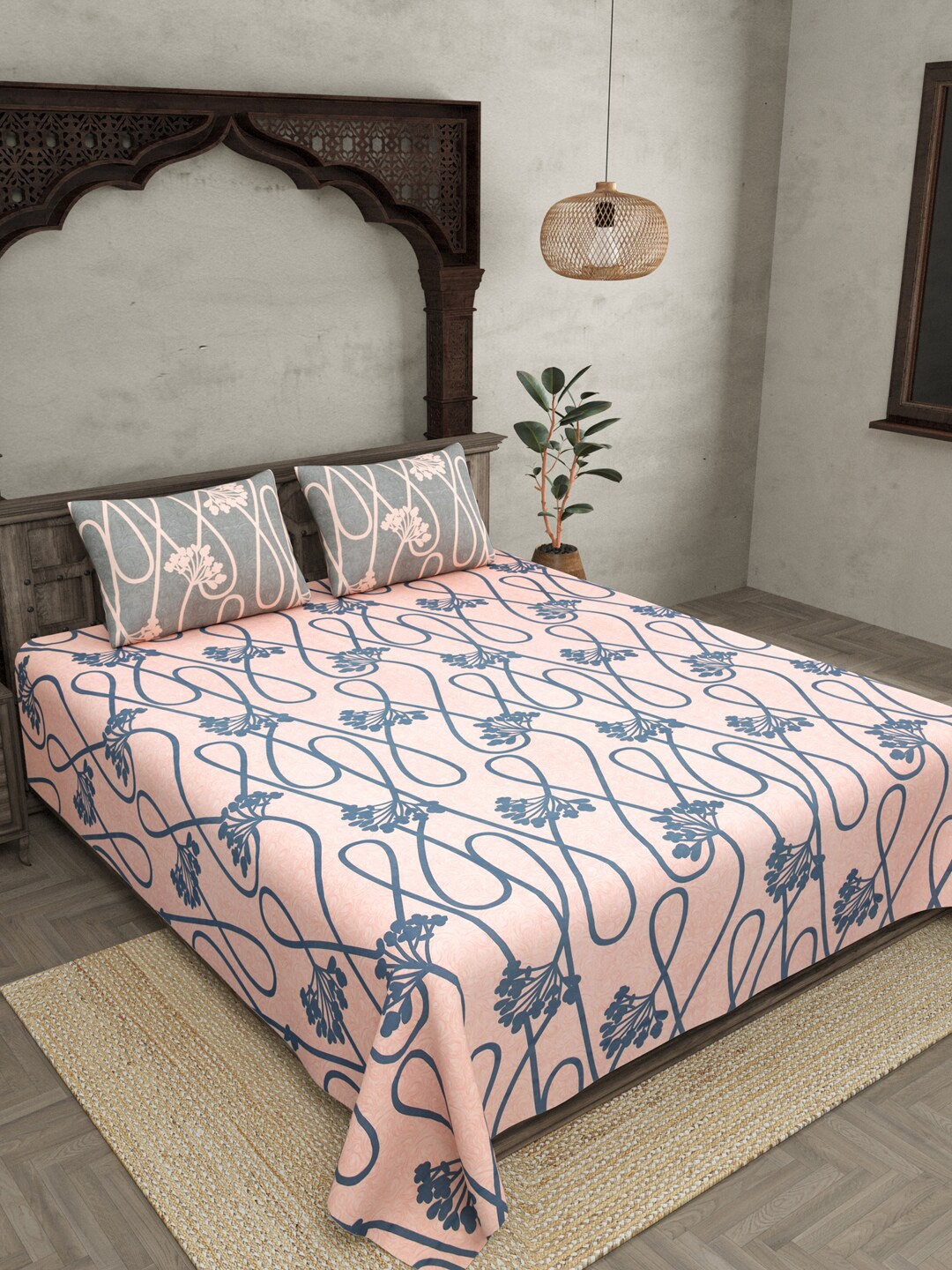 

JAIPUR FABRIC Peach & Blue Floral 250 TC Cotton King Bedsheet with 2 Pillow Covers