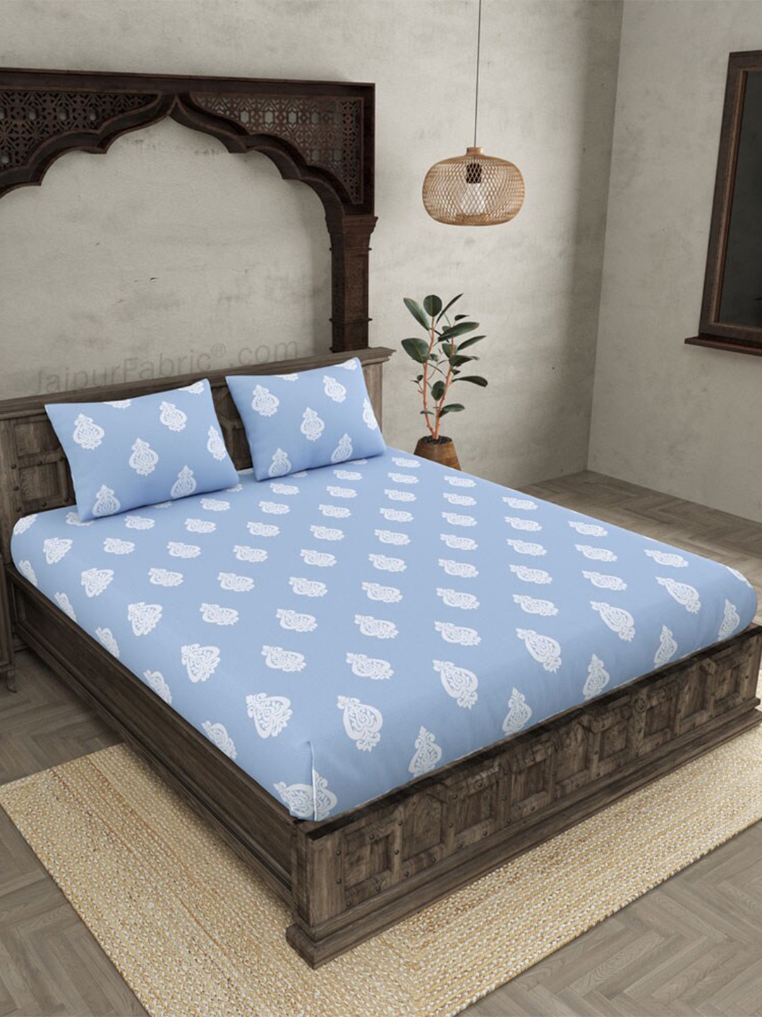 

JAIPUR FABRIC Blue & White Ethnic Motifs Cotton 250 TC King Bedsheet With 2 Pillow Covers