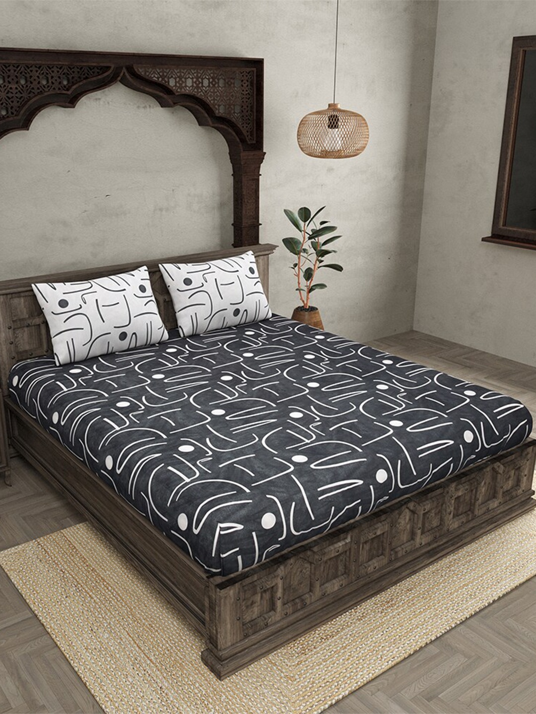 

JAIPUR FABRIC Grey & White 250 TC Cotton King Bedsheet with 2 Pillow Covers