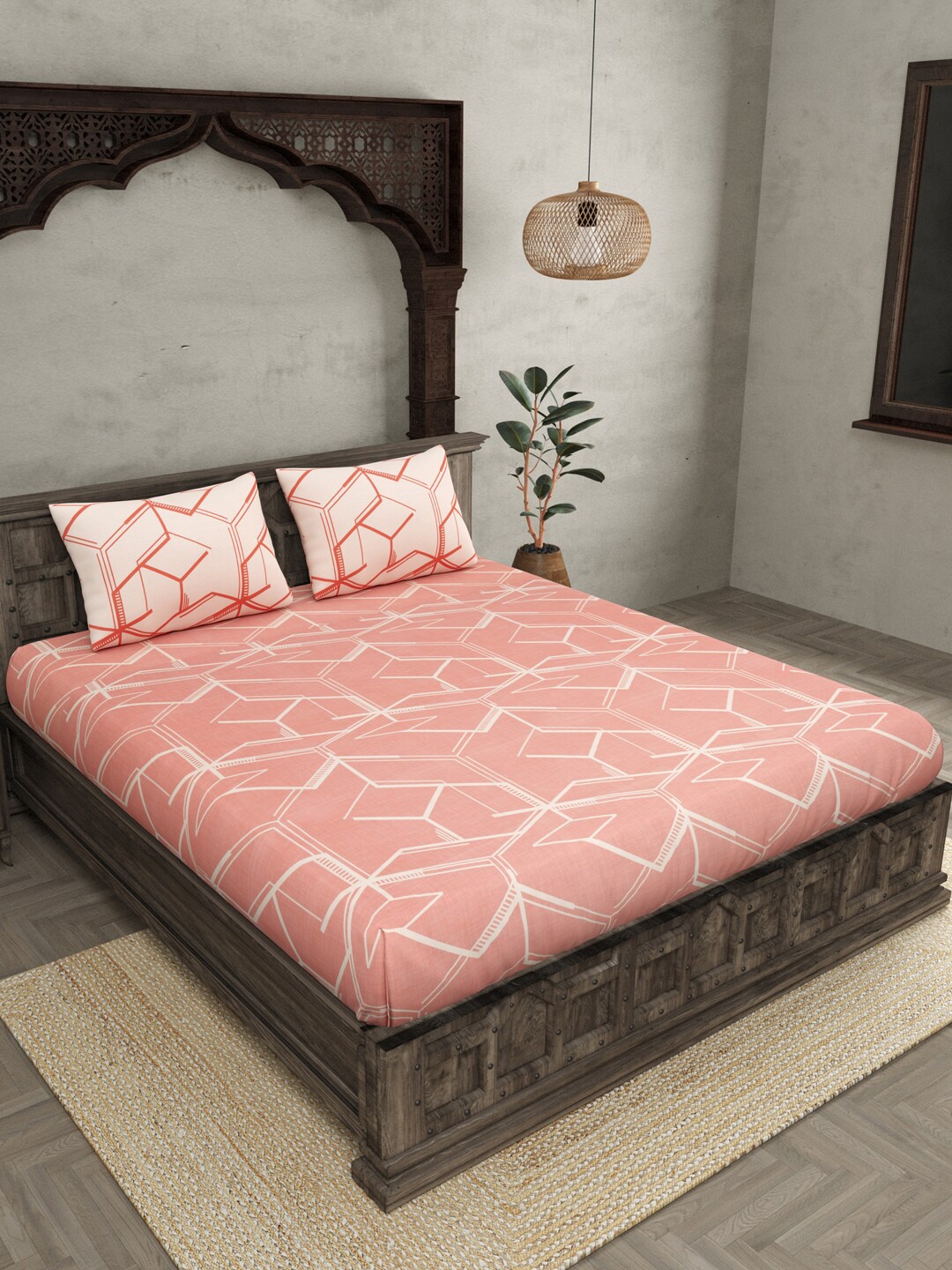 

JAIPUR FABRIC Minimalism Peach Printed Cotton 250 TC King Bedsheet With 4 Pillow Covers