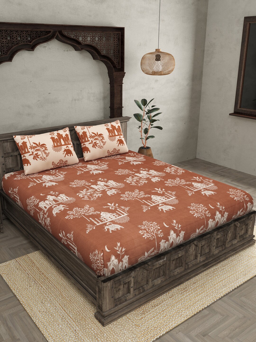 

JAIPUR FABRIC Royal Heritage Brown Floral Cotton 250TC King Bedsheet & 4 Pillow Covers