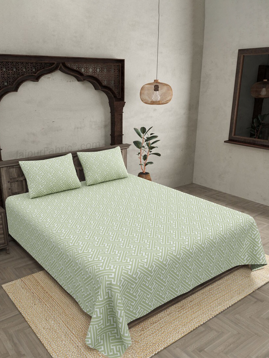 

JAIPUR FABRIC Green & White Ethnic Motifs 250 TC Cotton King Bedsheet with 2 Pillow Covers