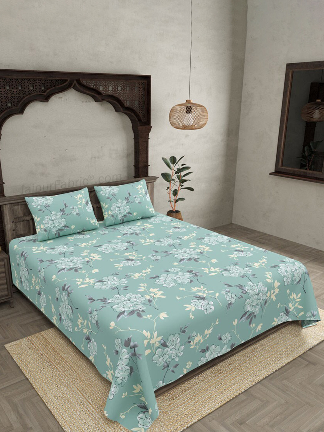 

JAIPUR FABRIC Blue & White Floral 250 TC Cotton King Bedsheet with 2 Pillow Covers