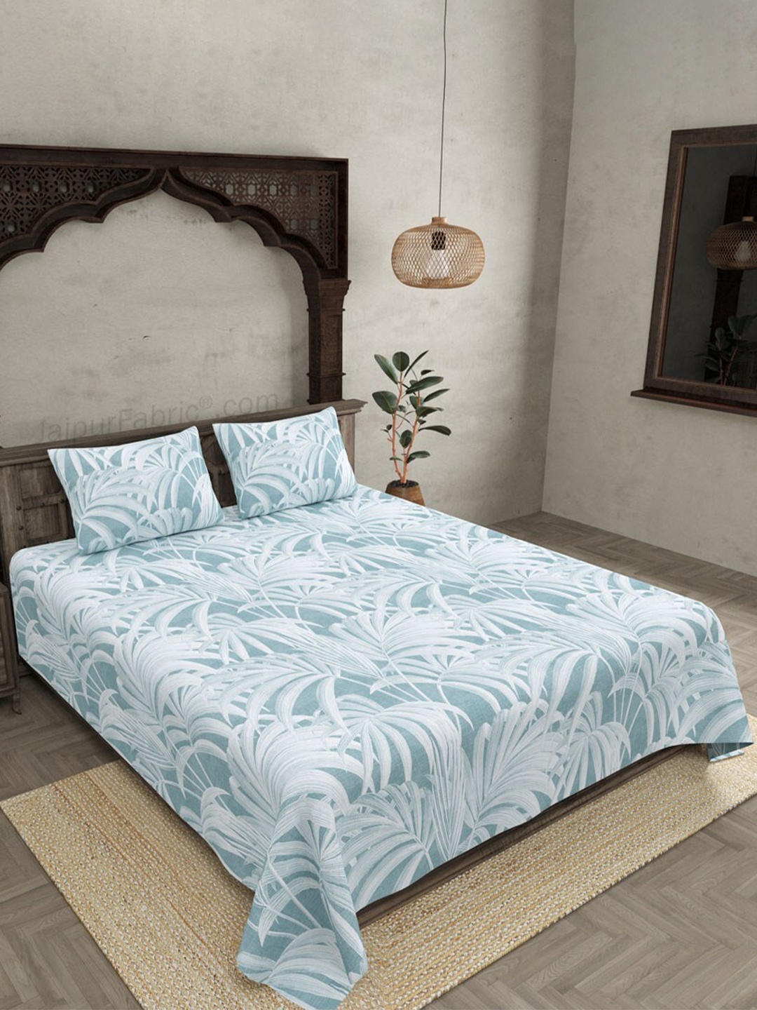 

JAIPUR FABRIC Green & White Floral Cotton 250 TC King Bedsheet With 2 Pillow Covers