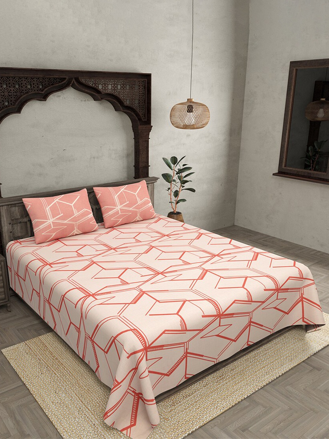 

JAIPUR FABRIC Minimalism Pink Geometric Cotton 250 TC King Bedsheet With 2 Pillow Covers