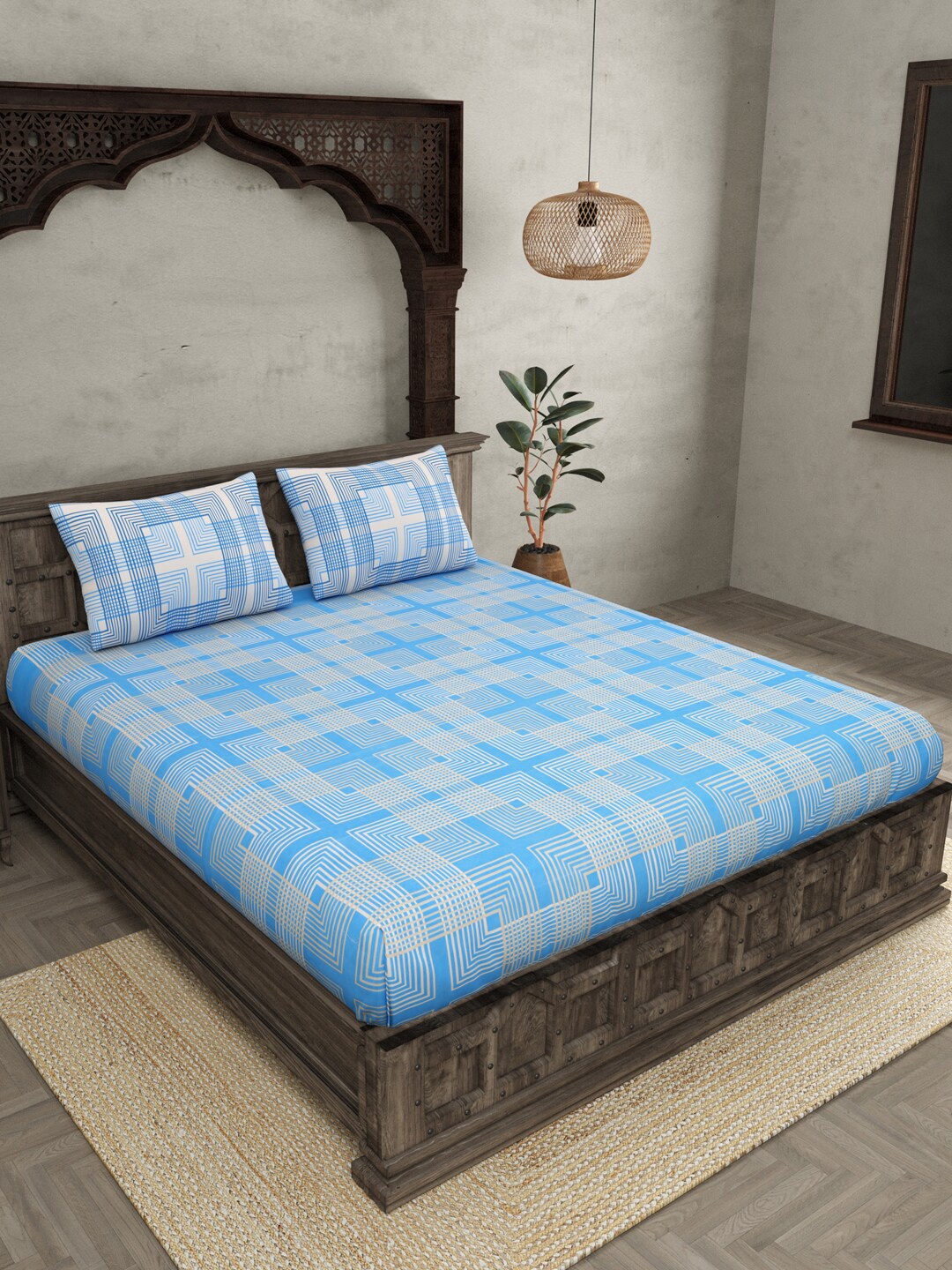 

JAIPUR FABRIC Maze Infinite Blue Geometric Cotton 250 TC King Bedsheet & 2 Pillow Covers