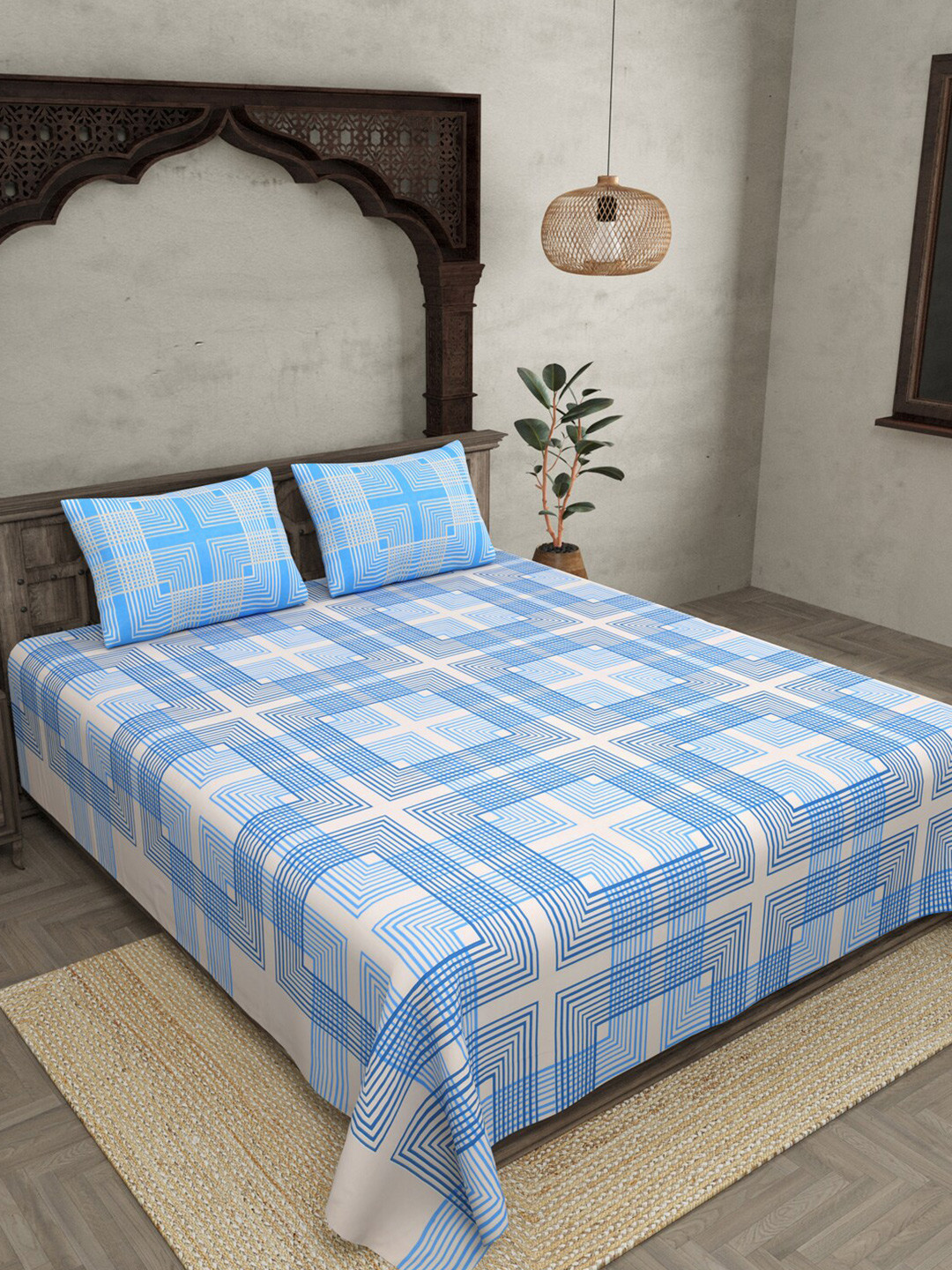 

JAIPUR FABRIC Blue & Cream Geometric 250 TC Cotton King Bedsheet with 2 Pillow Covers