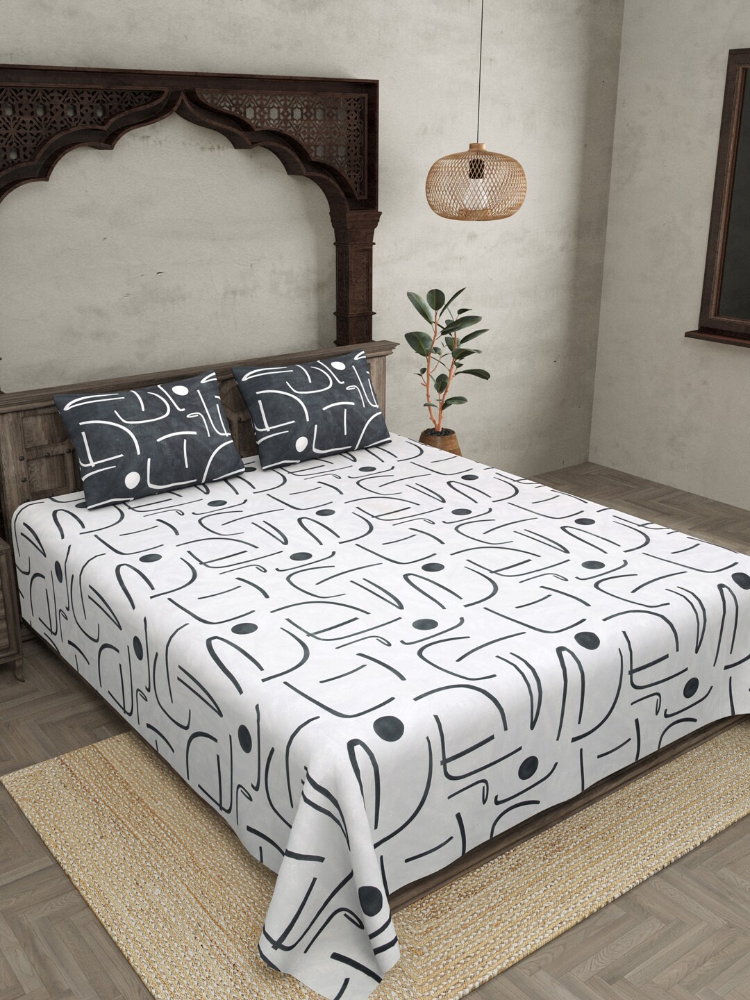 

JAIPUR FABRIC White & Grey Abstract Printed Cotton 250 TC King Bedsheet & 2 Pillow Covers