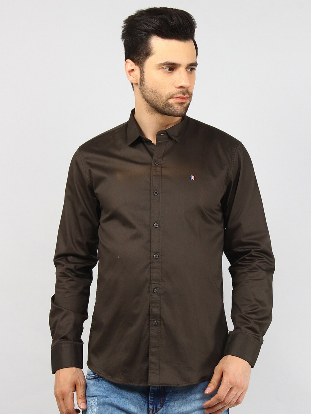 

TIM PARIS Long Sleeves Spread Collar Comfort Casual Cotton Shirt, Coffee brown