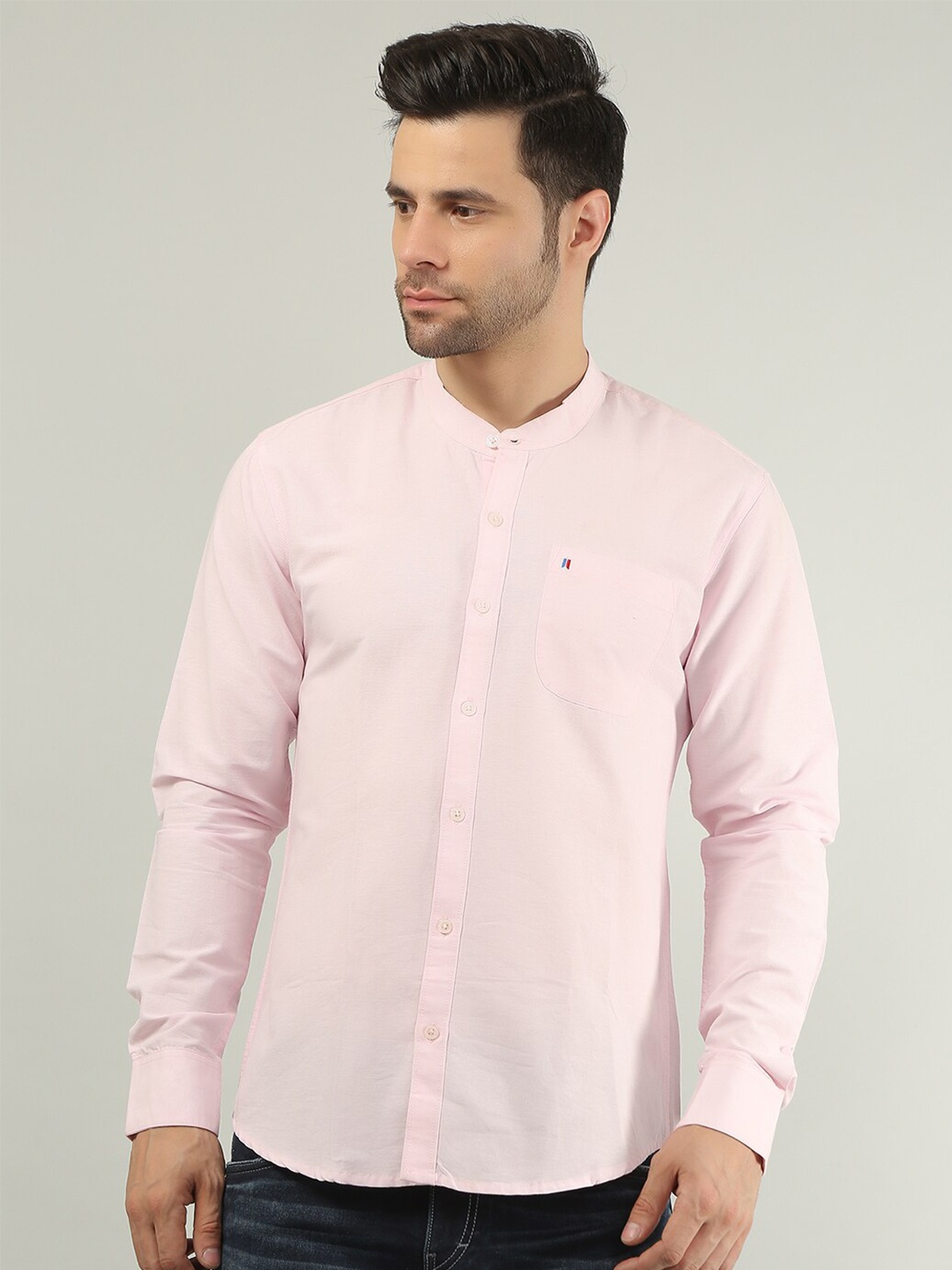 

TIM PARIS Long Sleeves Band Collar Comfort Casual Cotton Shirt, Pink