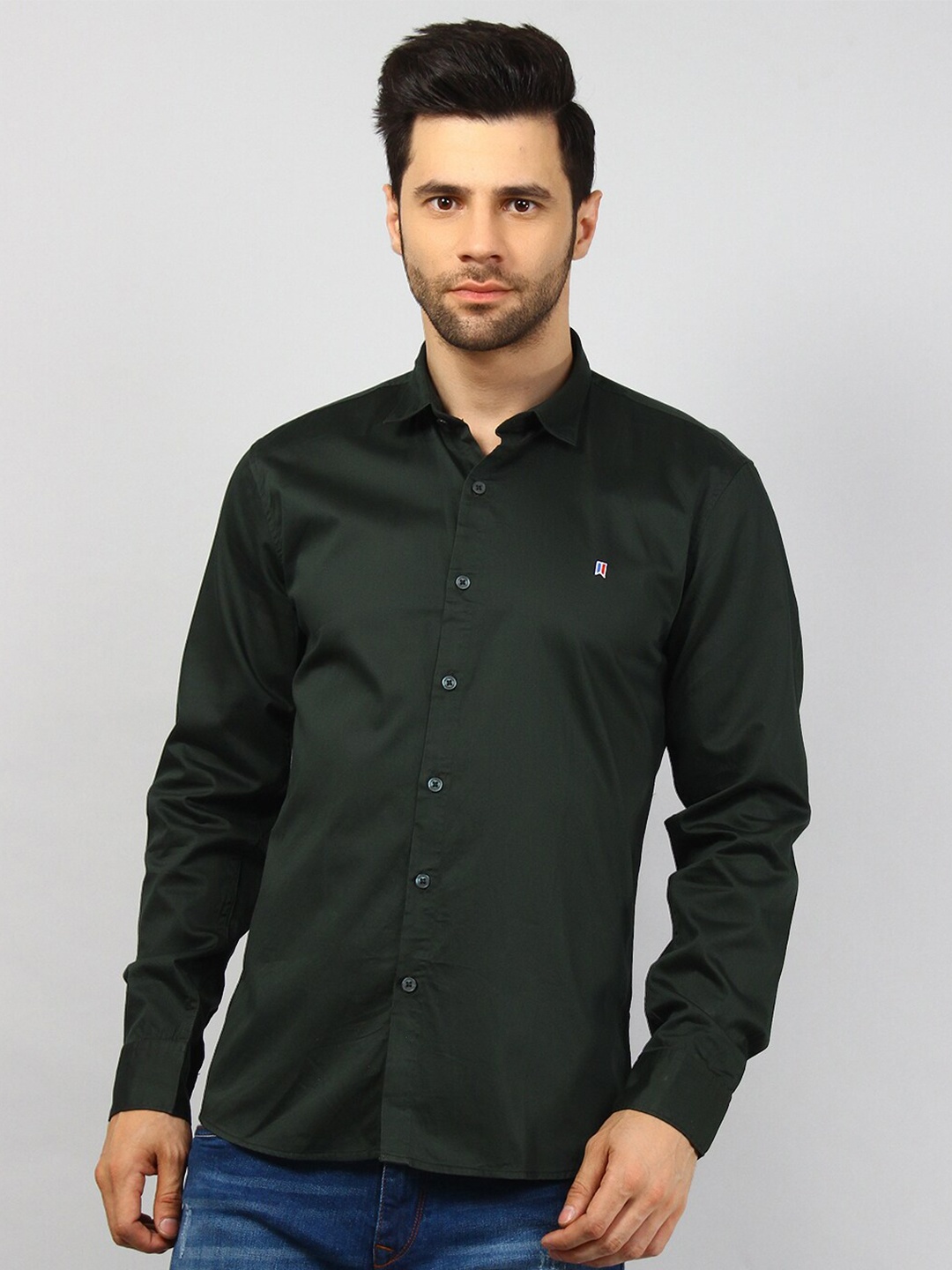 

TIM PARIS Long Sleeves Spread Collar Comfort Casual Cotton Shirt, Green