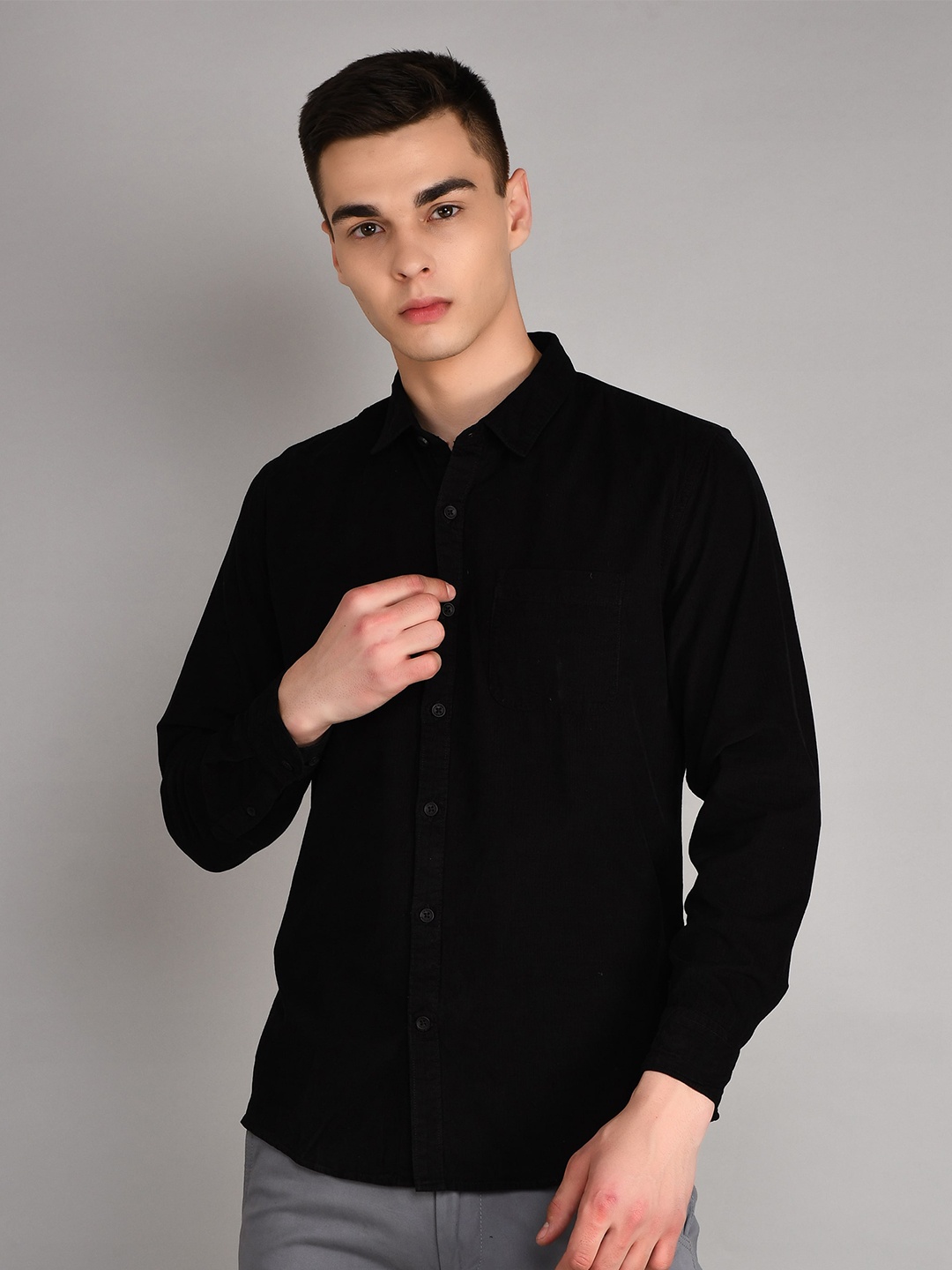 

TIM PARIS Long Sleeves Spread Collar Comfort Casual Cotton Shirt, Black