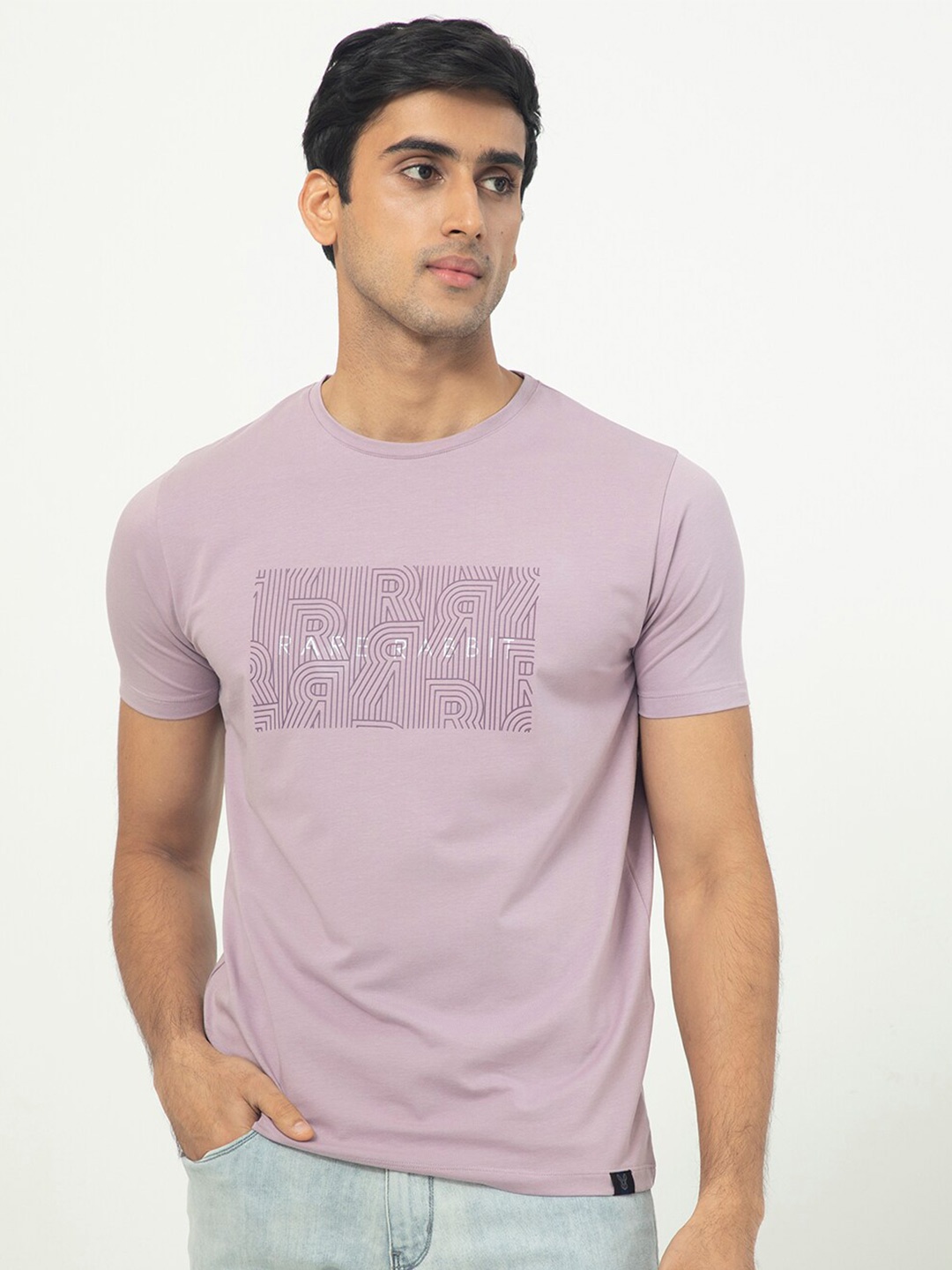

RARE RABBIT Men Alanet Typography Printed Cotton Slim Fit T-Shirt, Pink