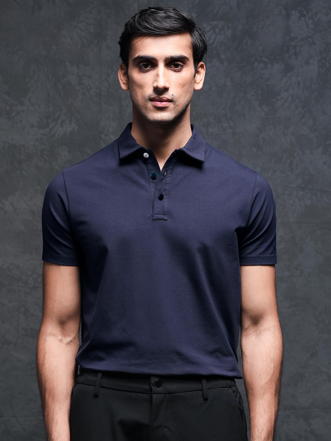 

RARE RABBIT Men Lupin Polo Collar Cotton Slim Fit T-Shirt, Navy blue
