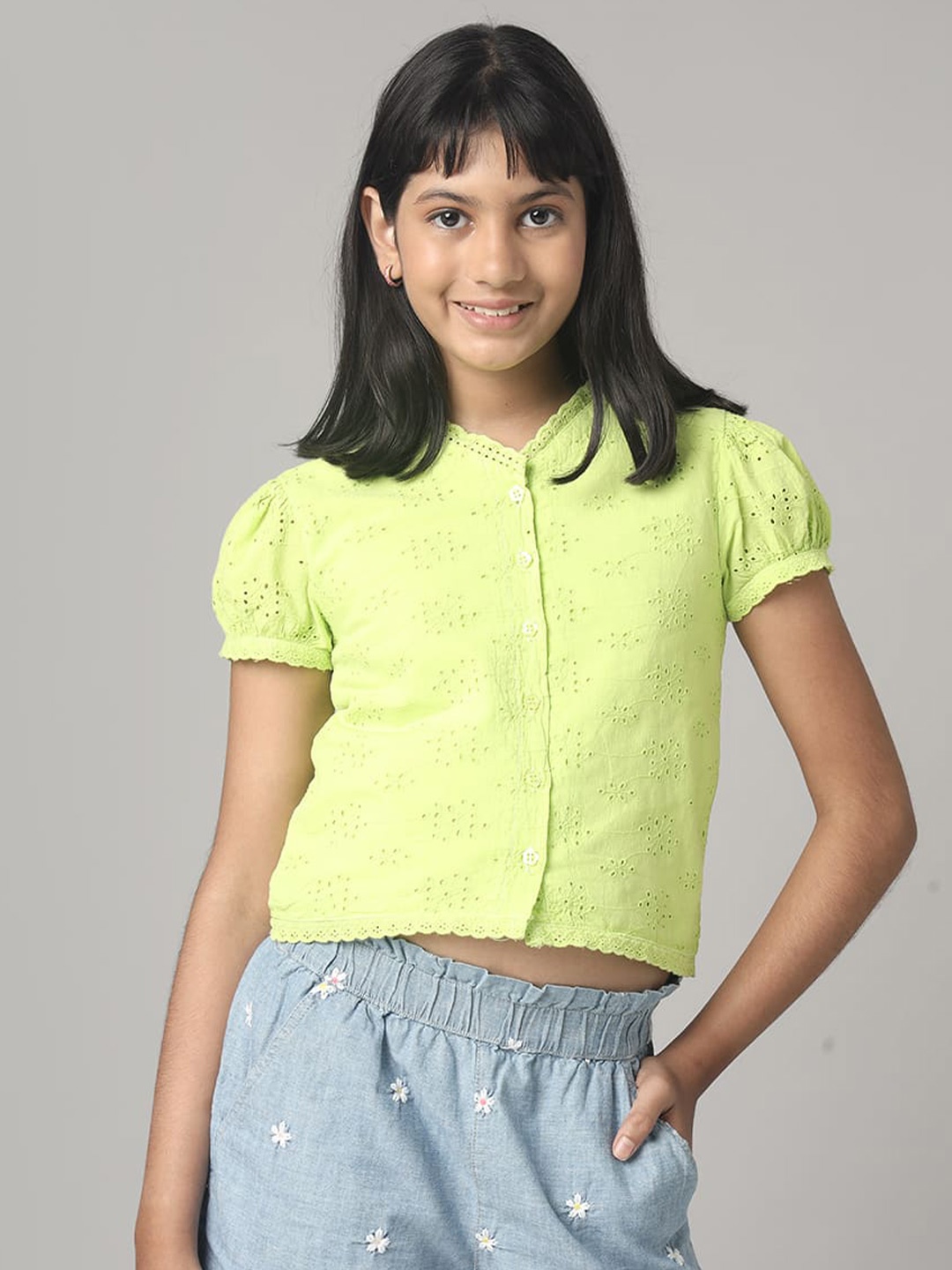 

UNDER FOURTEEN ONLY Schiffli V-Neck Puff Sleeves Cotton Shirt Style Top, Lime green