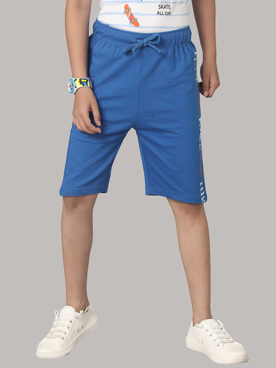 

UNDER FOURTEEN ONLY Boys Typography Printed Cotton Shorts, Blue