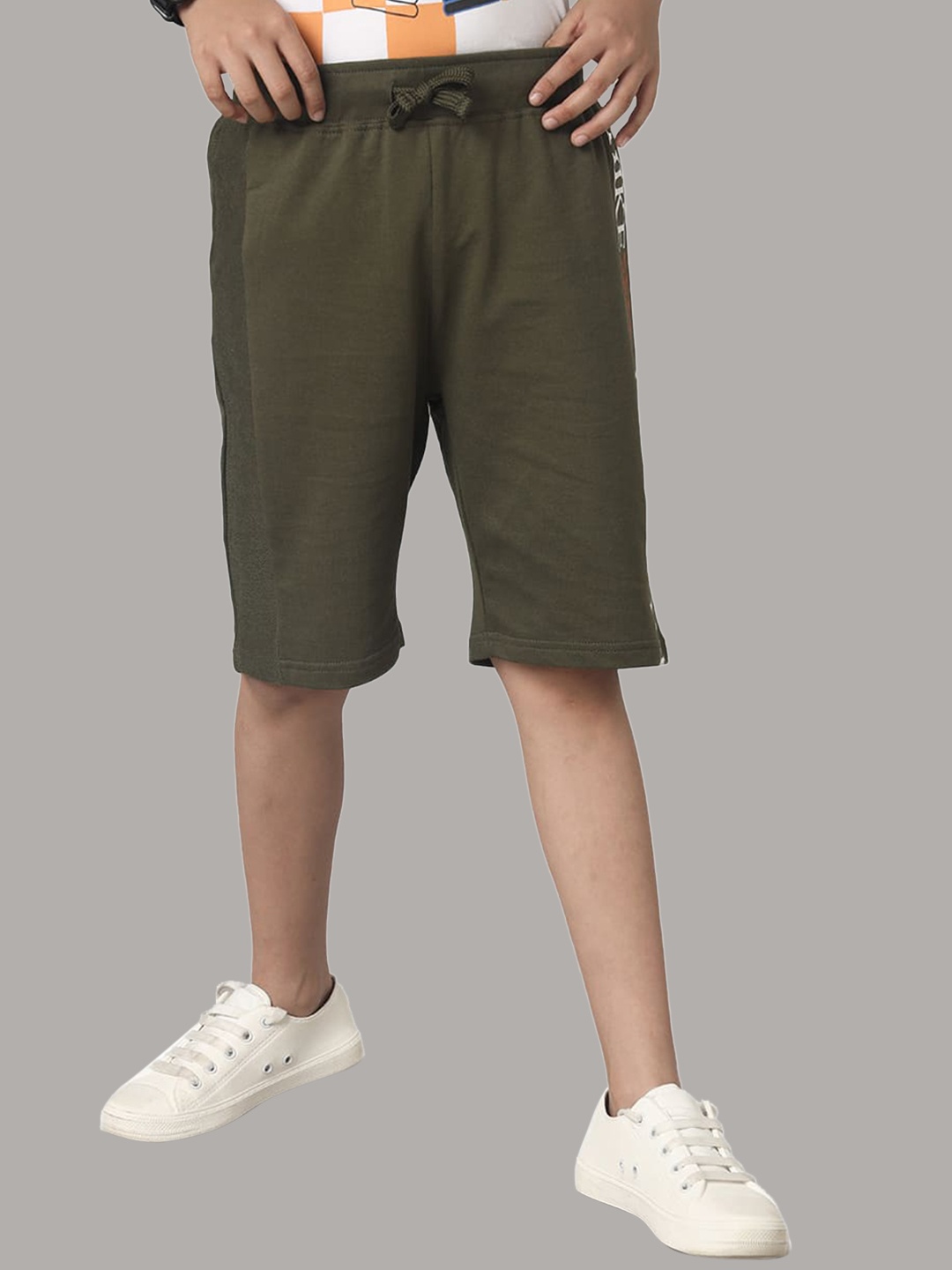 

UNDER FOURTEEN ONLY Boys Typography Printed Cotton Shorts, Olive