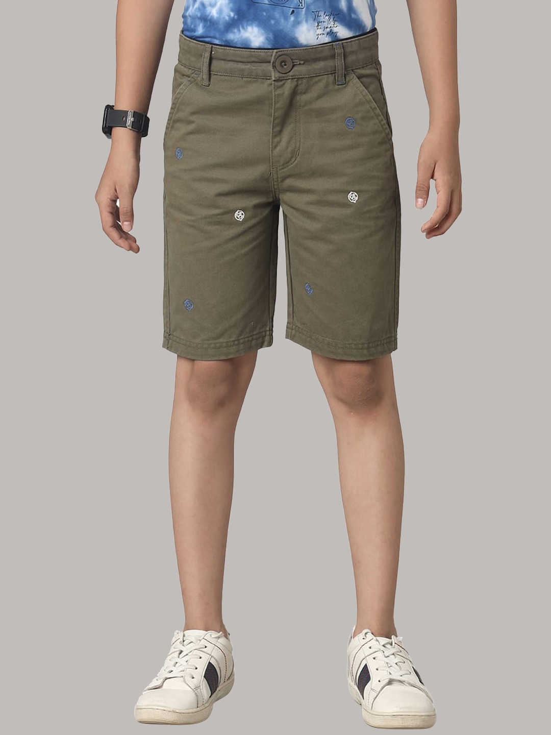 

UNDER FOURTEEN ONLY Boys Self Design Cotton Shorts, Olive