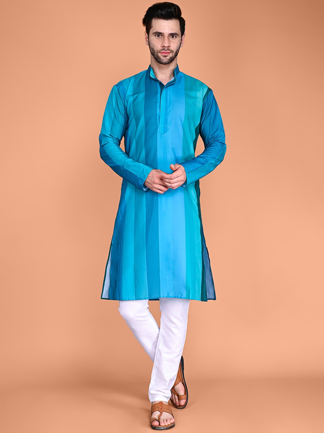 

VESHAM Striped Regular Kurta With Churidar, Blue